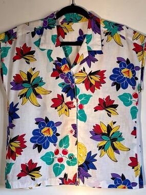 VTG Womens Handmade Sleeveless Collared ButtonUp Floral Blouse Cotton Multicolor